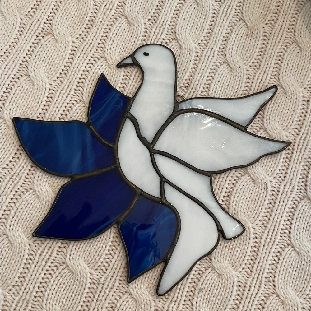 Stained Glass Peace Dove on blue flower Suncatcher 7”L w/ metal eyelet to hang